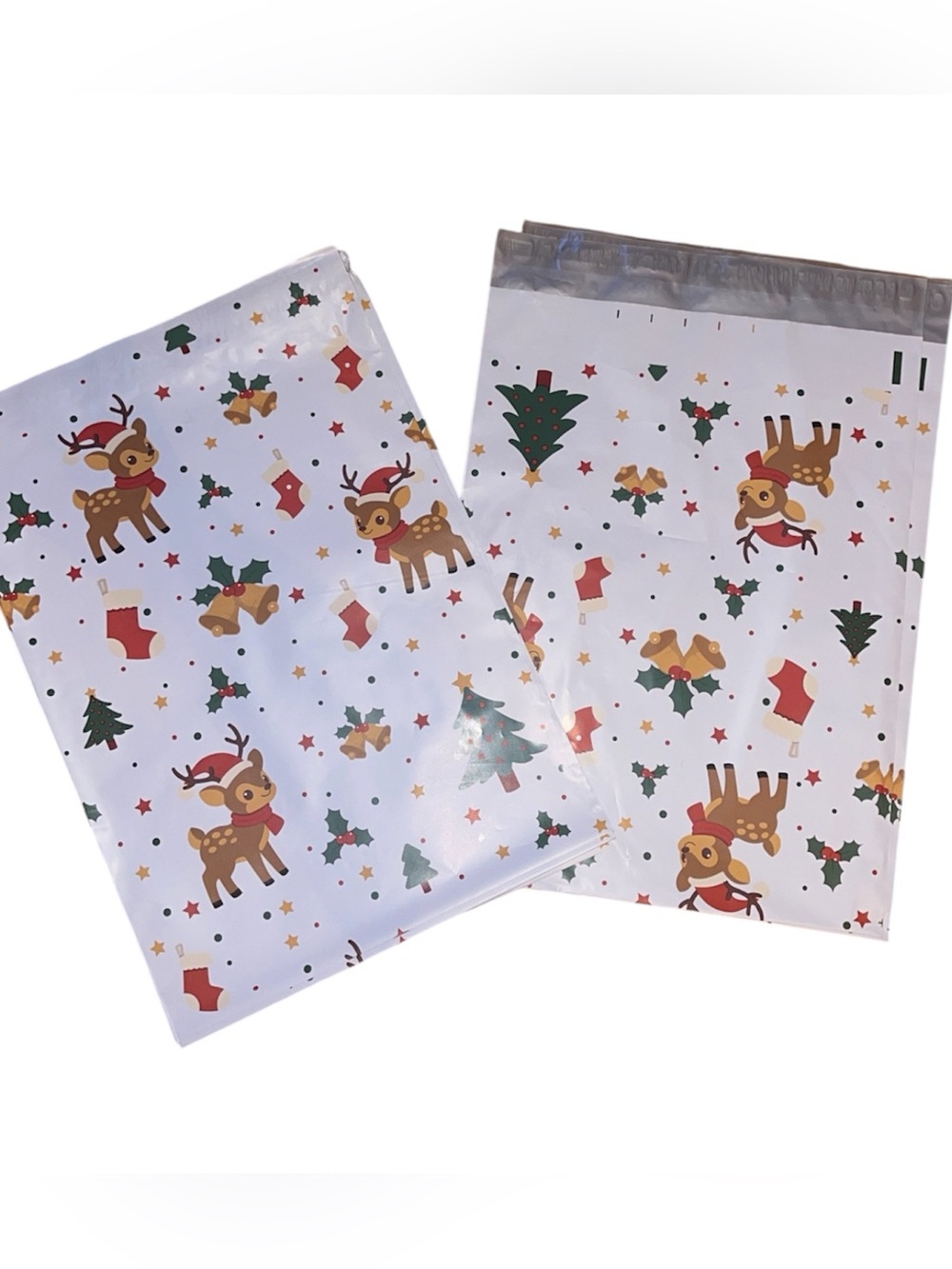 Pack of 30 10x13 Holiday Reindeer Polymailers- White with Red & Green